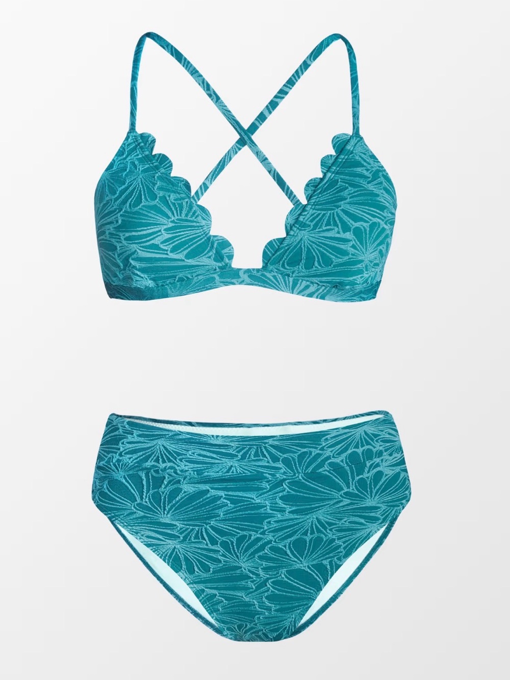 Cupshe Teal Floral Scallop Cross-Back Bikini Set NWT Size Small